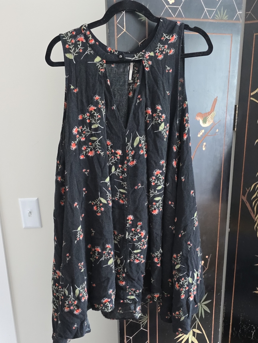 Free People Black Floral Sleeveless Tunic with Red & Green Accents